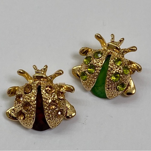 1 Brown and 1 Green small Rhinestone Insect/ Ladybug Brooch - Picture 2 of 8